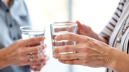Elderly Hands Holding a Clear Glass of Water with Soft Focus Background in Natural Light