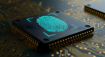 Cybersecurity fingerprint scanner on microchip futuristic tech biometric identification data protection digital security innovation