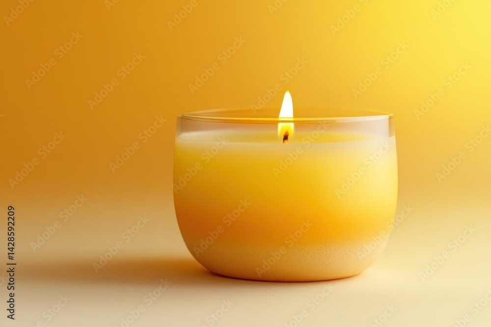 Poster bright yellow candle with a glowing flame placed against a vivid yellow background creates a warm an