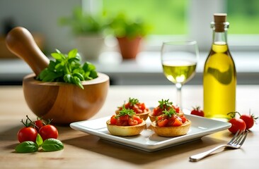 Fresh and tasty bruschetta on white plate, wooden colinary mortar, bottle of olive oil. Starter, breakfast. Antipasto concept