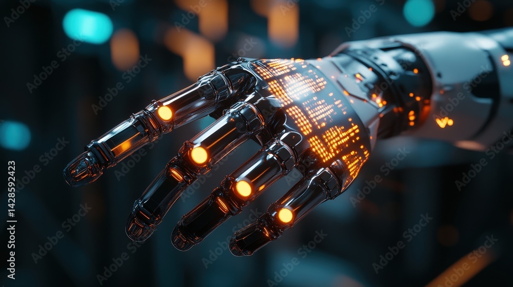 Poster a futuristic ai-controlled hand with precision-engineered metal joints and glowing led circuits.