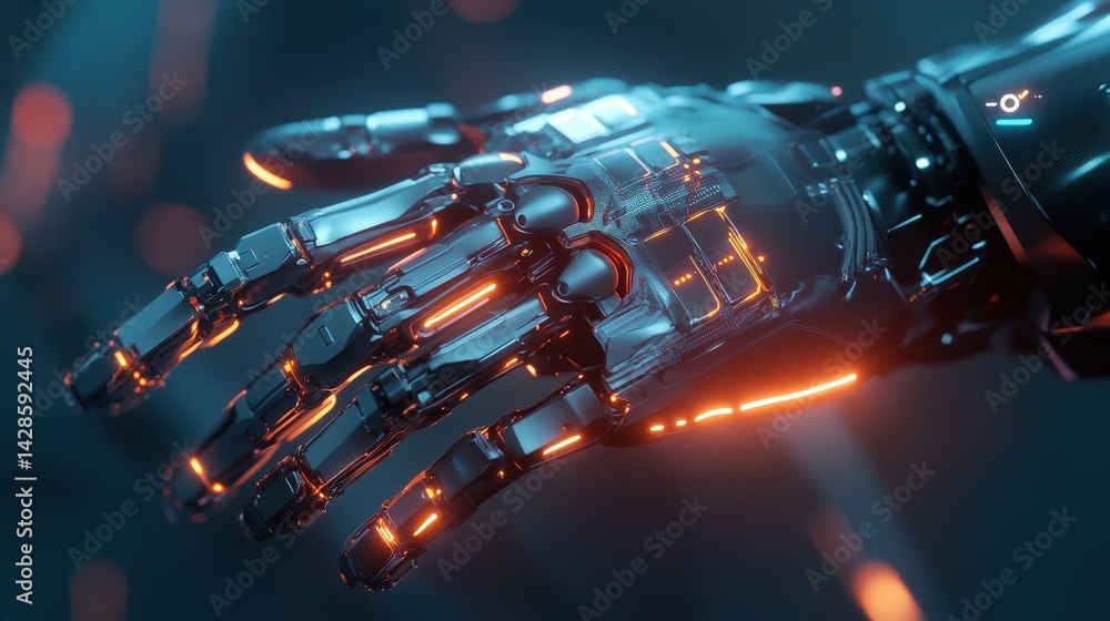 Poster a futuristic ai-controlled hand with precision-engineered metal joints and glowing led circuits.