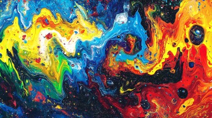 Vibrant, swirling abstract painting of a colorful, dynamic interplay of hues.