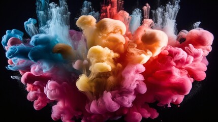 Vibrant explosion of multicolored ink dissolving and swirling in a dark liquid.