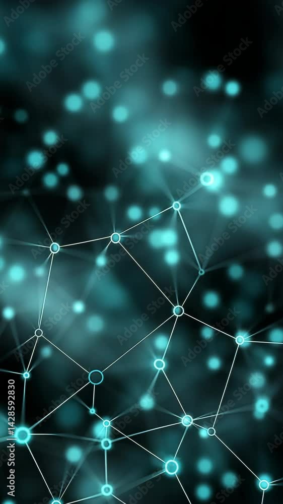 Poster abstract network of blue glowing circles connected with white lines over a dark background creating 