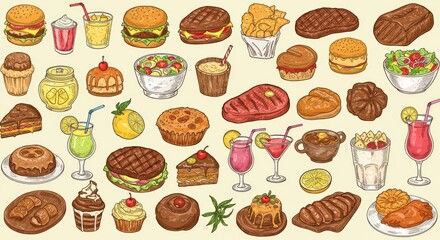 Vector Set of Food and Drink Hand Drawn Illustrations
