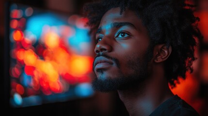 Contemplative Gaze: A Portrait of a Young Man Illuminated by Neon Hues