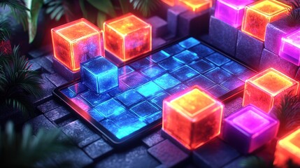 Neon Cubes in Tropical Setting: A Digital Art Masterpiece