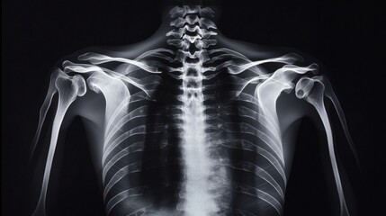 X-ray image of the human upper body skeletal structure.