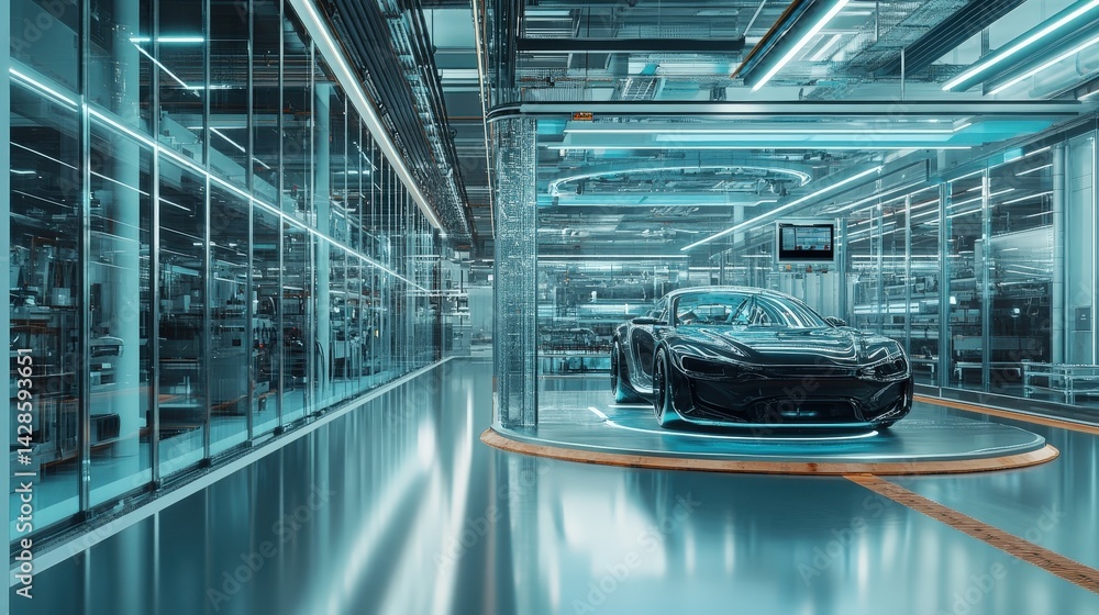 Poster a futuristic automobile factory with transparent walls, showcasing an automated production process
