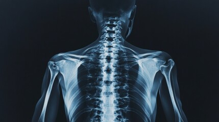 X-ray image of a human spine and upper body skeletal structure.