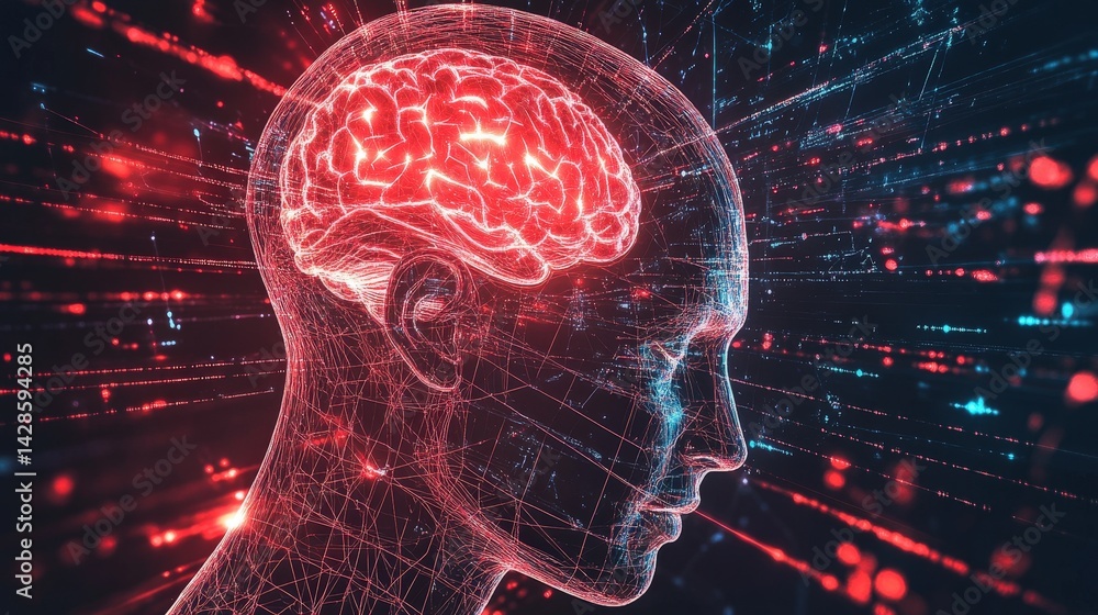 Poster A futuristic brain-computer interface, where AI translates brainwave data into digital commands.