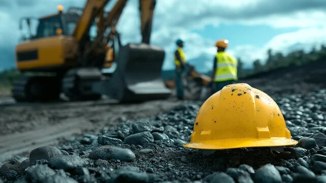 Protective gear, including a hard hat and reflective vest, is carefully placed on uneven gravel as construction workers operate heavy machinery in the background.