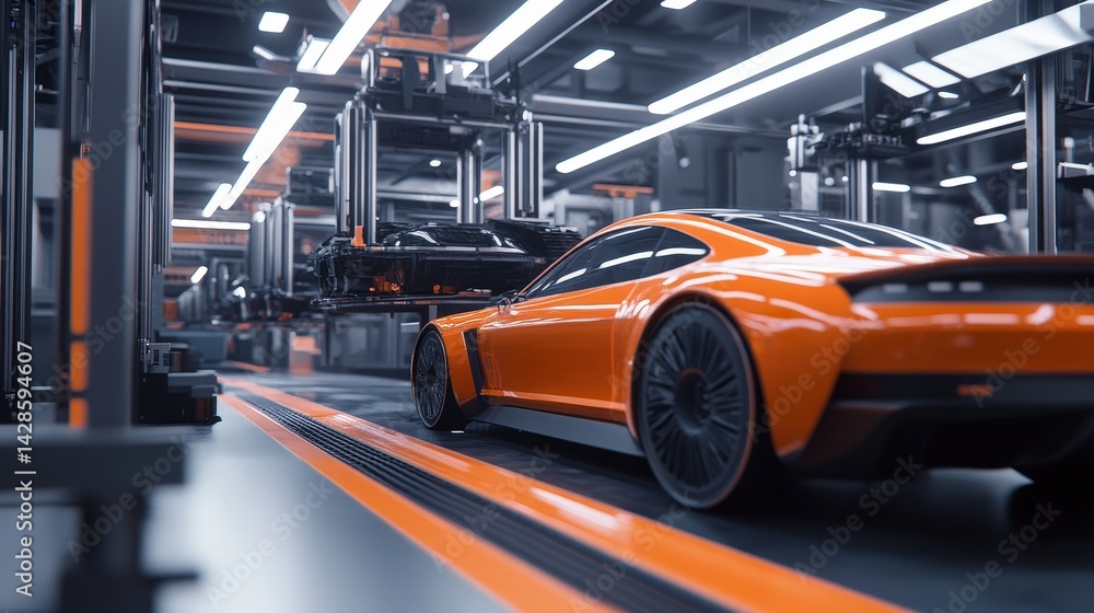 Poster a futuristic car factory with 3d printers creating custom vehicle components in real-time