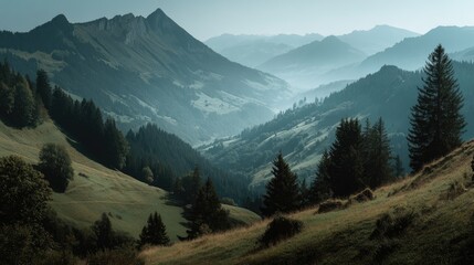 Serene Mountain Valley: A Misty Landscape in Blue Hues