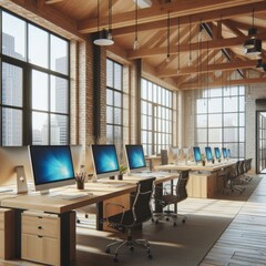 Modern open-plan office interior with wooden beams, brick wall and large desktop computers on light wood tables in natural light environment.