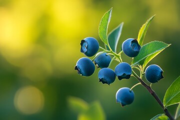 Fresh blueberries on branch, vibrant green foliage