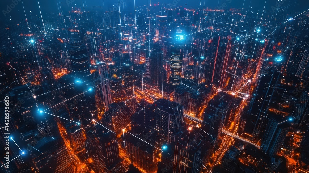 Poster a futuristic city illuminated by ai-driven communication lines, showcasing the seamless connection b