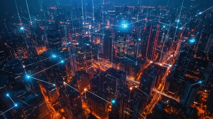 A futuristic city illuminated by AI-driven communication lines, showcasing the seamless connection between smart devices and intelligent systems