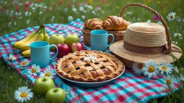 Basket filled with fruit and pastries on a checkered blanket in a meadow full of flowers. Picnic setting featuring sweet cake, croissants, drinks, and fruits on the grass.