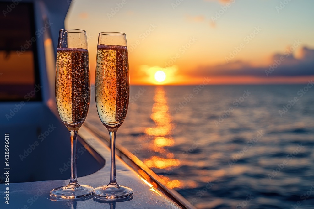 Aufkleber sparkling drink in a glass against a vibrant sunset over the ocean, creating a serene and romantic a