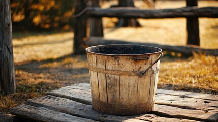Naklejka premium Rustic wooden bucket sits on wooden planks, illuminated by golden light. Use this image for projects depicting rural life and farm settings.