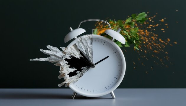 Dynamic concept of time broken clock exploding with nature's idea minimalist black and white aesthetic indoor perspective