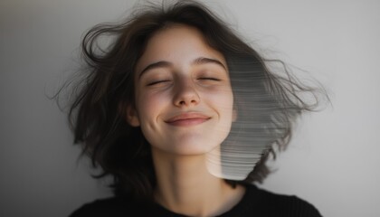 Fototapeta premium Emotional expression concept crying woman transitioning to happiness studio portrait photography warm lighting