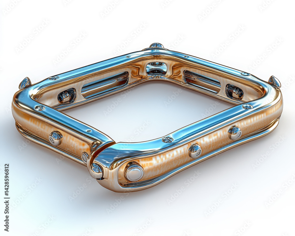 Poster high-quality image of a metallic geometric object with rivets isolated on white background