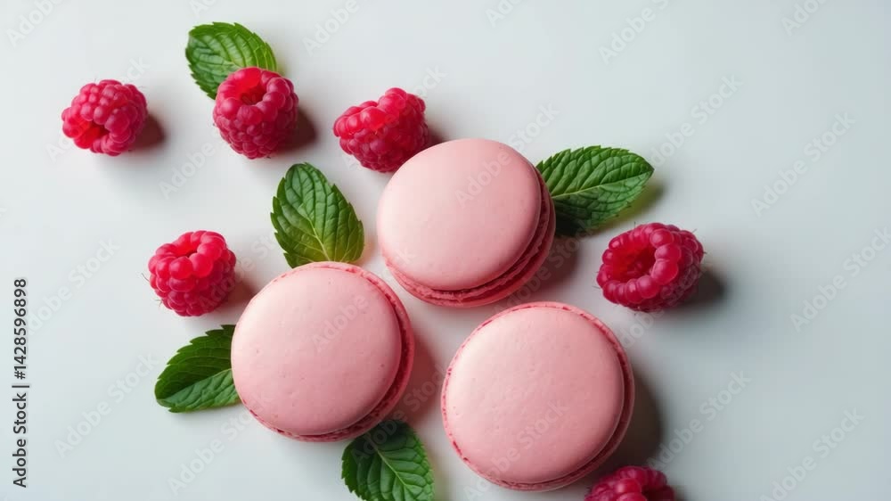 Poster overhead view of pink raspberry macaroons.
