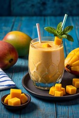 Fresh delicious mango juice smoothie in a glass on table background