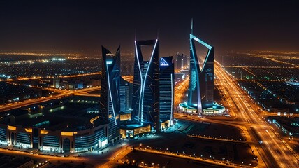Night panorama of modern business district in Riyadh, Saudi Arabia. Aerial view city skyline with illuminated skyscrapers, highways, modern architecture.