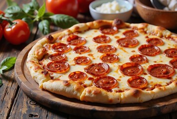 A delicious pepperoni pizza sits on a wooden board, surrounded by fresh basil leaves and cherry tomatoes