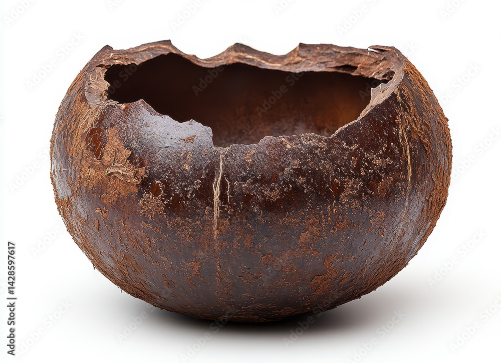Poster high-quality image of a dried calabash shell isolated on a pure white background showing rustic text