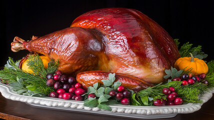 Chicken, turkey on a white festive dish. Christmas, Thanksgiving.