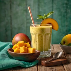Fresh delicious mango juice smoothie in a glass on table background