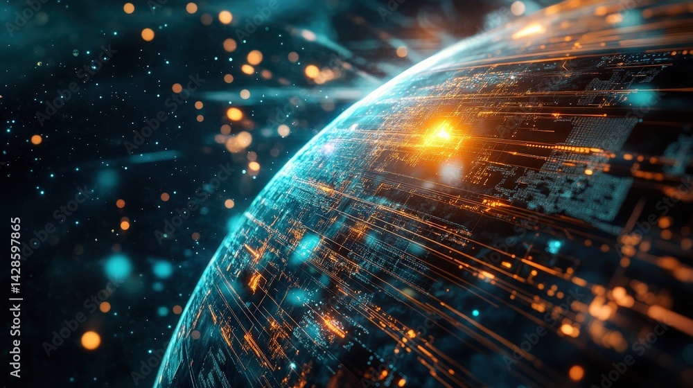 Poster a futuristic cyberpunk-themed earth with glowing data streams and interconnected ai-driven systems