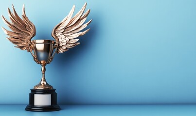 Fototapeta premium Golden trophy with wings against blue background; success, victory, achievement concept; ideal for awards, celebration
