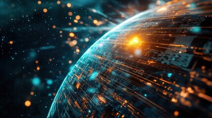 A futuristic cyberpunk-themed Earth with glowing data streams and interconnected AI-driven systems