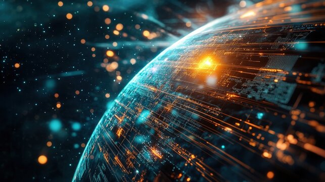 A futuristic cyberpunk-themed Earth with glowing data streams and interconnected AI-driven systems