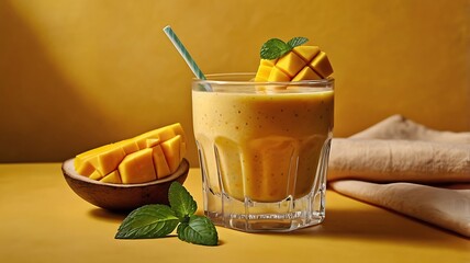 Fresh delicious mango juice smoothie in a glass on table background