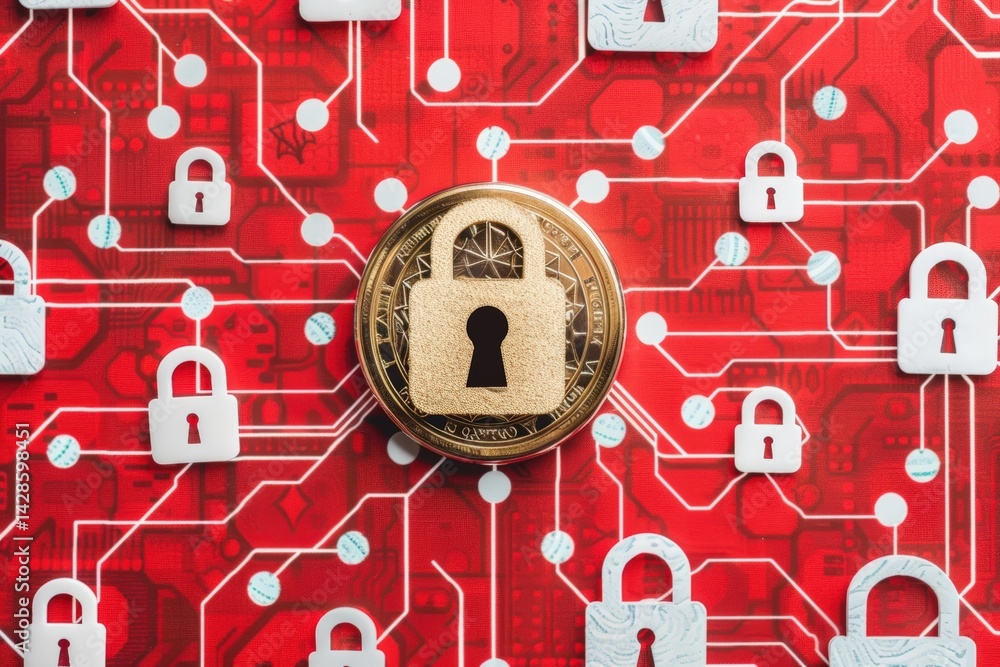 Poster a golden coin with a keyhole sits against a vibrant red background filled with white padlocks and ci