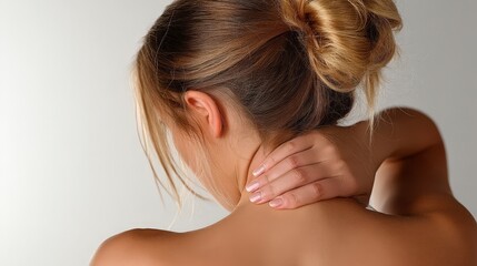 Fototapeta premium A woman holds her neck, suggesting discomfort or tension in a serene setting.