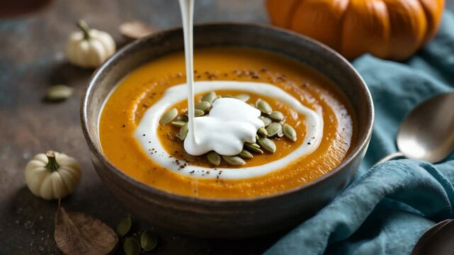 Classic pumpkin soup featuring a creamy, smooth texture garnished with seeds. This soup is usually a 'bound' (thick) variety made from pureed pumpkin and can be served hot or cold.