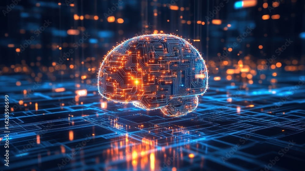 Poster a futuristic digital brain made of glowing circuits, symbolizing the power of artificial intelligenc