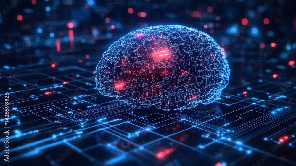 Poster a futuristic digital brain made of glowing circuits, symbolizing the power of artificial intelligenc