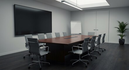 A conference room with a large screen, a table, chairs, and a whiteboard in a modern office space