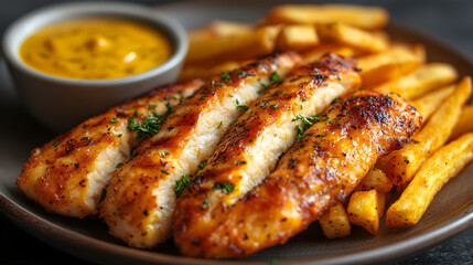 Crispy chicken tenders with honey mustard dipping sauce and a side of fries