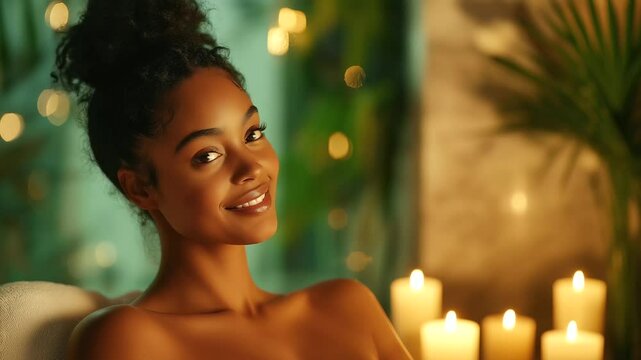 A Black woman smiles gently, feeling relaxed as a masseuse&rsquo;s hands move along her back in a high-end spa with calming, golden candlelight.