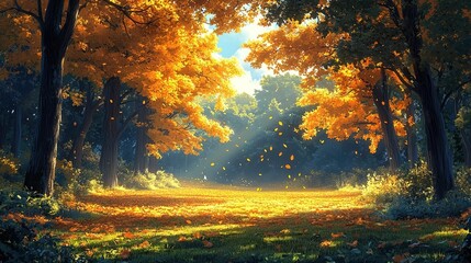 Golden autumn leaves on tall trees frame the sunlight, casting a bright glow on a forest clearing carpeted with fallen leaves, creating a vibrant and serene seasonal landscape.